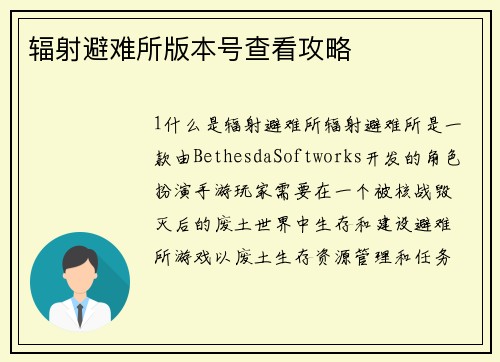 辐射避难所版本号查看攻略