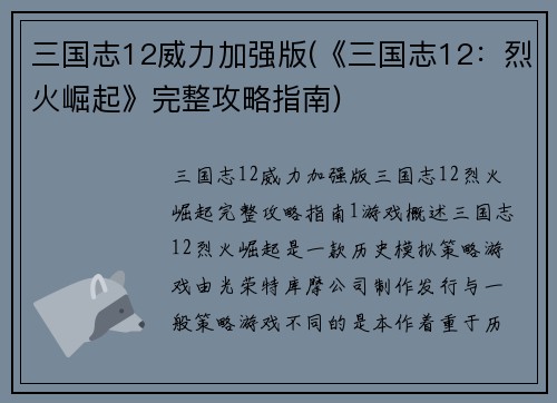 三国志12威力加强版(《三国志12：烈火崛起》完整攻略指南)